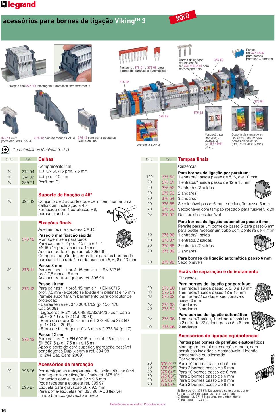 375 46/47 para bornes parafuso 3 andares Fixação final 375 10, montagem automática sem ferramenta 375 95 375 54 375 89 375 52 375 11 com porta-etiquetas 395 96 375 12 com marcação CAB 3