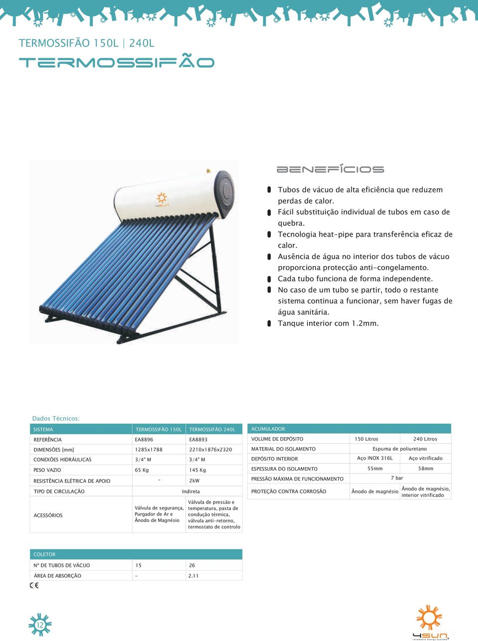 No caso de um tubo se partir, todo o restante sistema continua a funcionar, sem haver fugas de água sanitária. Tanque interior com 1.mm.