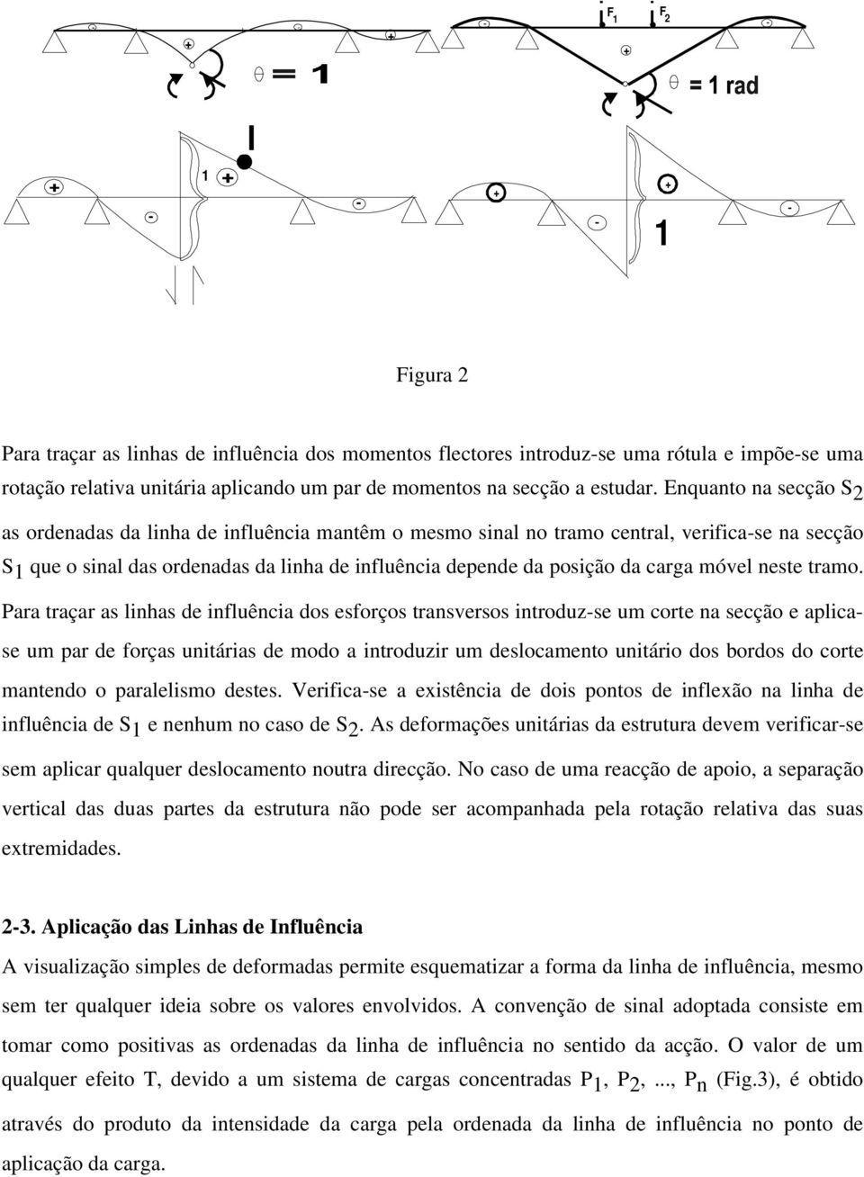 Enquanto na secção S 2 as ordenadas da linha de influência mantêm o mesmo sinal no tramo central, verifica-se na secção S 1 que o sinal das ordenadas da linha de influência depende da posição da