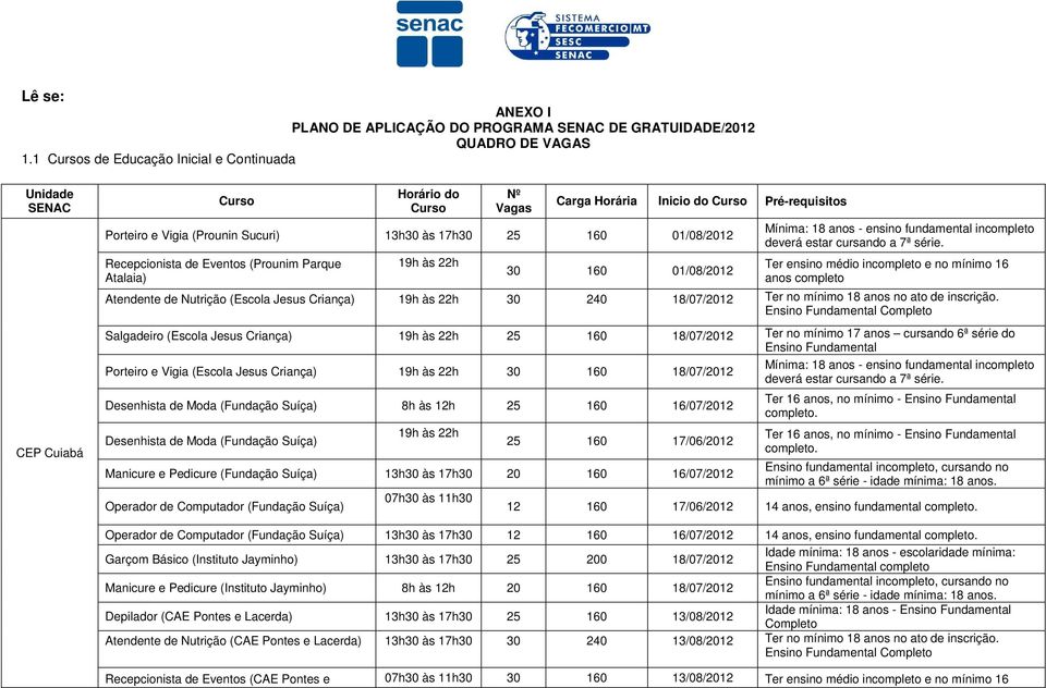 Parque Atalaia) 30 160 01/08/2012 Atendente de Nutrição (Escola Jesus Criança) 30 240 18/07/2012 Ter no mínimo 18 anos no ato de inscrição.