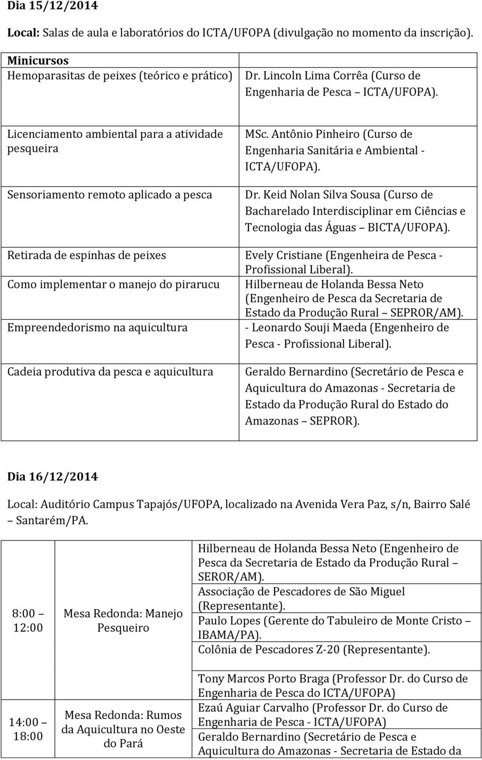 Antônio Pinheiro (Curso de Engenharia Sanitária e Ambiental ICTA/UFOPA). Dr. Keid Nolan Silva Sousa (Curso de Bacharelado Interdisciplinar em Ciências e Tecnologia das Águas BICTA/UFOPA).