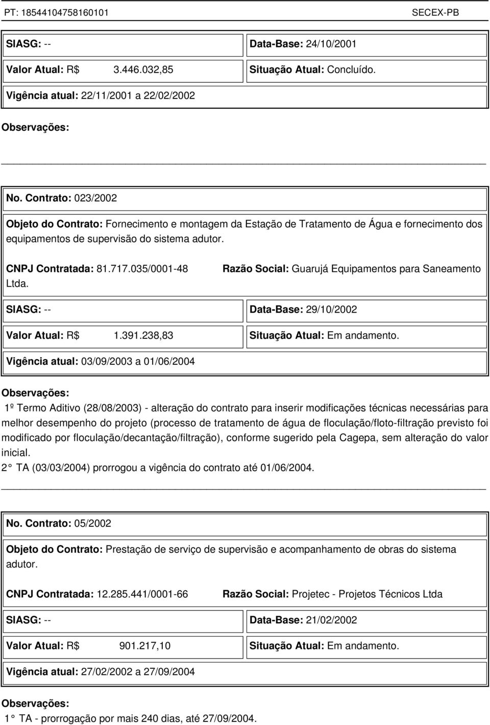035/0001-48 Ltda. Razão Social: Guarujá Equipamentos para Saneamento SIASG: -- Data-Base: 29/10/2002 Valor Atual: R$ 1.391.238,83 Situação Atual: Em andamento.