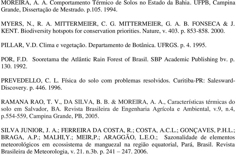 SBP Academic Publishing bv. p. 130. 1992. PREVEDELLO, C. L. Física do solo com problemas resolvidos. Curitiba-PR: Salesward- Discovery. p. 446. 1996. RAMANA RAO, T. V., DA SILVA, B. B. & MOREIRA, A.