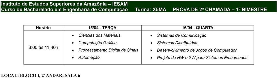 11:40h Computação Gráfica Processamento Digital de Sinais Sistemas Distribuídos