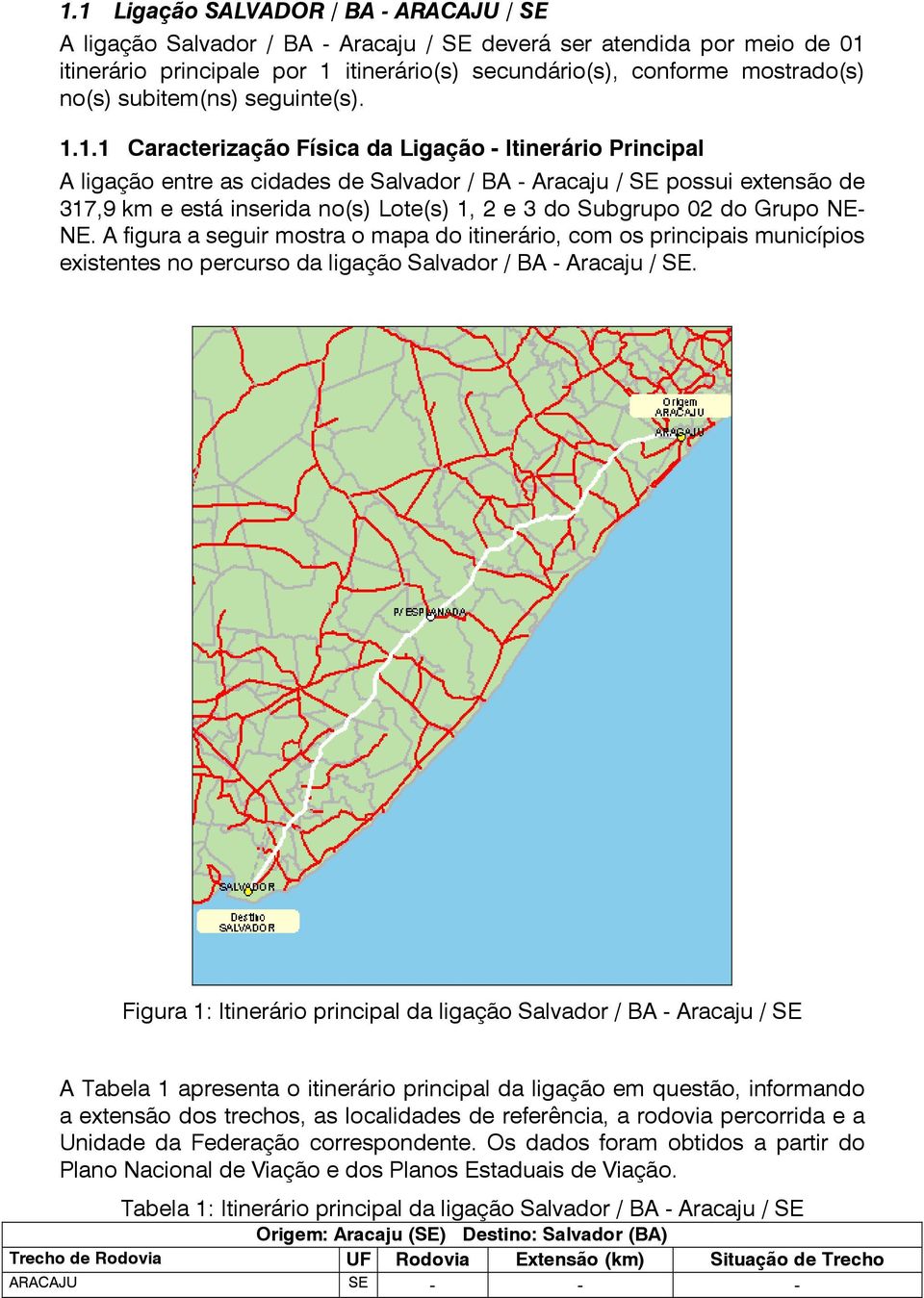 1.1 Caracterização Física da Ligação - Itinerário Principal A ligação entre as cidades de Salvador / BA - Aracaju / SE possui extensão de 317,9 km e está inserida no(s) Lote(s) 1, 2 e 3 do Subgrupo