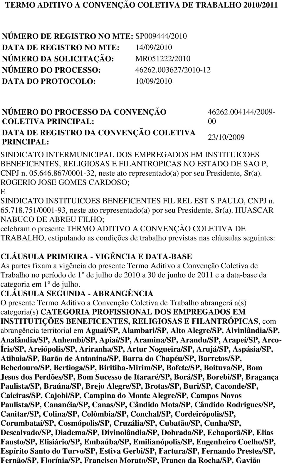 004144/2009-00 23/10/2009 SINDICATO INTERMUNICIPAL DOS EMPREGADOS EM INSTITUICOES BENEFICENTES, RELIGIOSAS E FILANTROPICAS NO ESTADO DE SAO P, CNPJ n. 05.646.