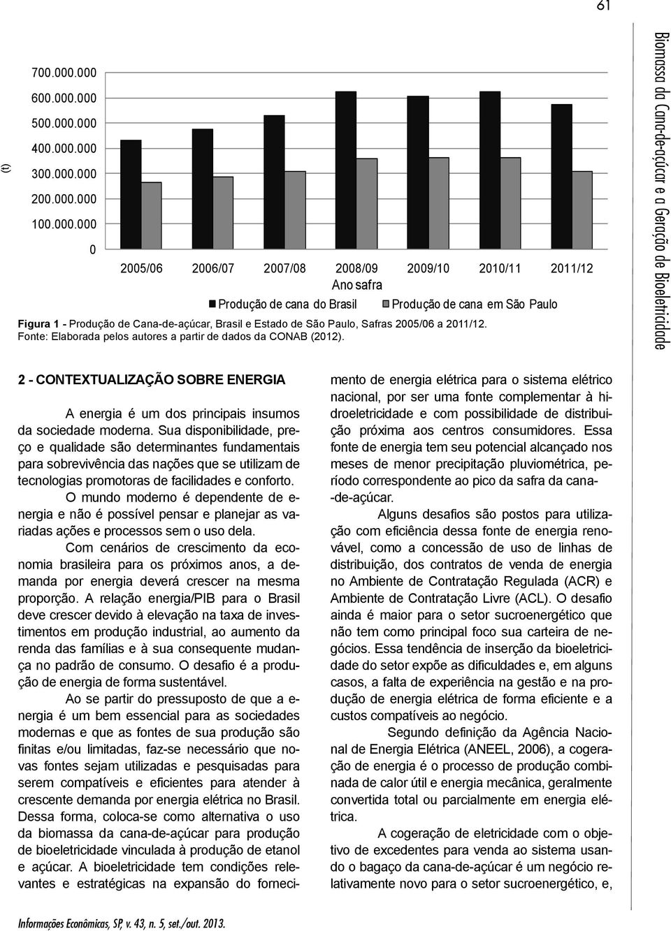 Paulo Figura 1 - Produção de Cana-de-açúcar, Brasil e Estado de São Paulo, Safras 2005/06 a 2011/12. Fonte: Elaborada pelos autores a partir de dados da CONAB (2012).