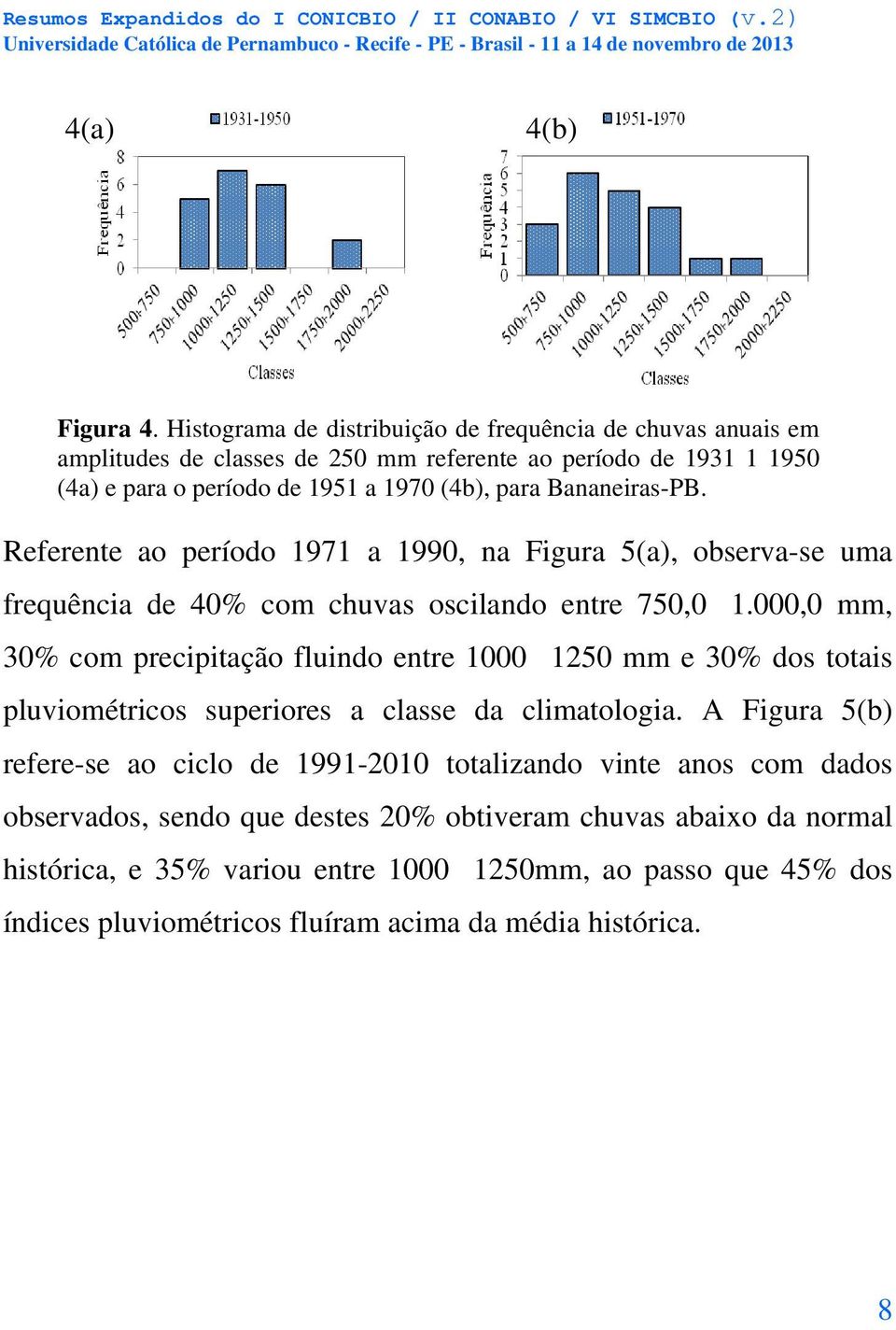 Bananeiras-PB. Referente ao período 1971 a 1990, na Figura 5(a), observa-se uma frequência de 40% com chuvas oscilando entre 750,01.
