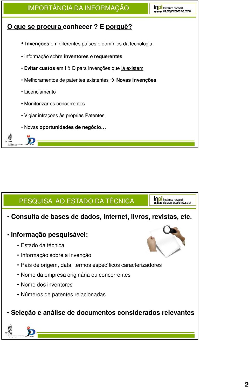 Novas Invenções Licenciamento Monitorizar os concorrentes Vigiar infrações às próprias Patentes Novas oportunidades de negócio PESQUISA AO ESTADO DA TÉCNICA Consulta de bases de dados,