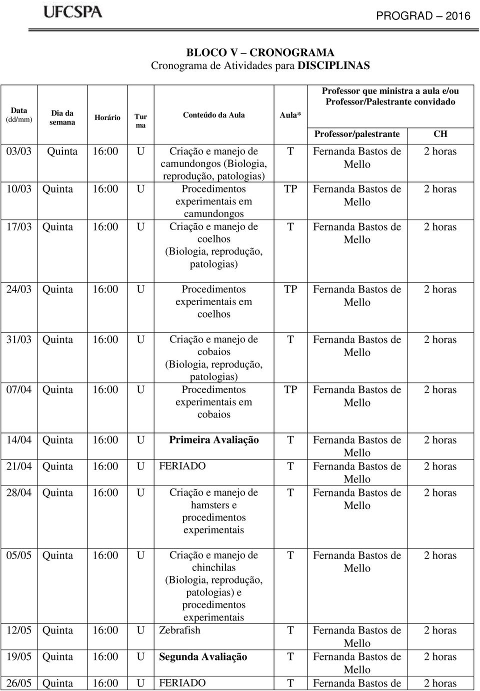 e/ou Professor/Palestrante convidado Professor/palestrante 24/03 Quinta 16:00 U Procedimentos experimentais em coelhos P 31/03 Quinta 16:00 U Criação e manejo de cobaios (Biologia, reprodução,