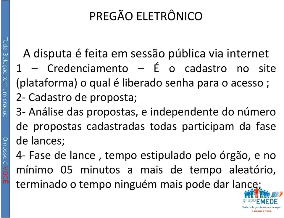 independente do número de propostas cadastradas todas participam da fase de lances; 4- Fase de lance, tempo