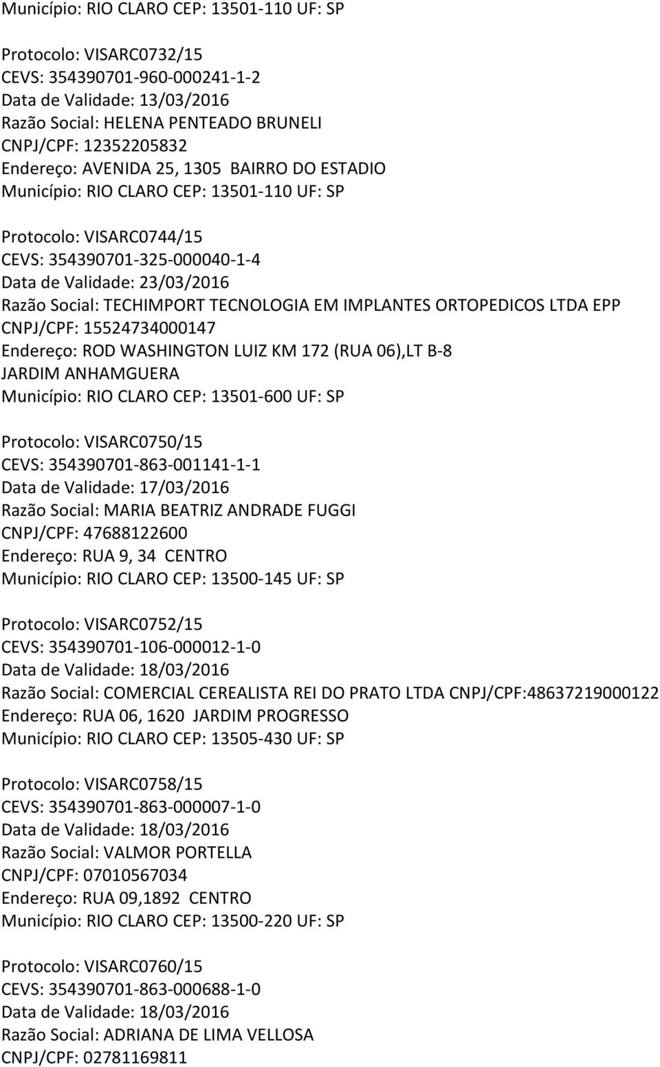 EM IMPLANTES ORTOPEDICOS LTDA EPP CNPJ/CPF: 15524734000147 Endereço: ROD WASHINGTON LUIZ KM 172 (RUA 06),LT B-8 JARDIM ANHAMGUERA Município: RIO CLARO CEP: 13501-600 UF: SP Protocolo: VISARC0750/15