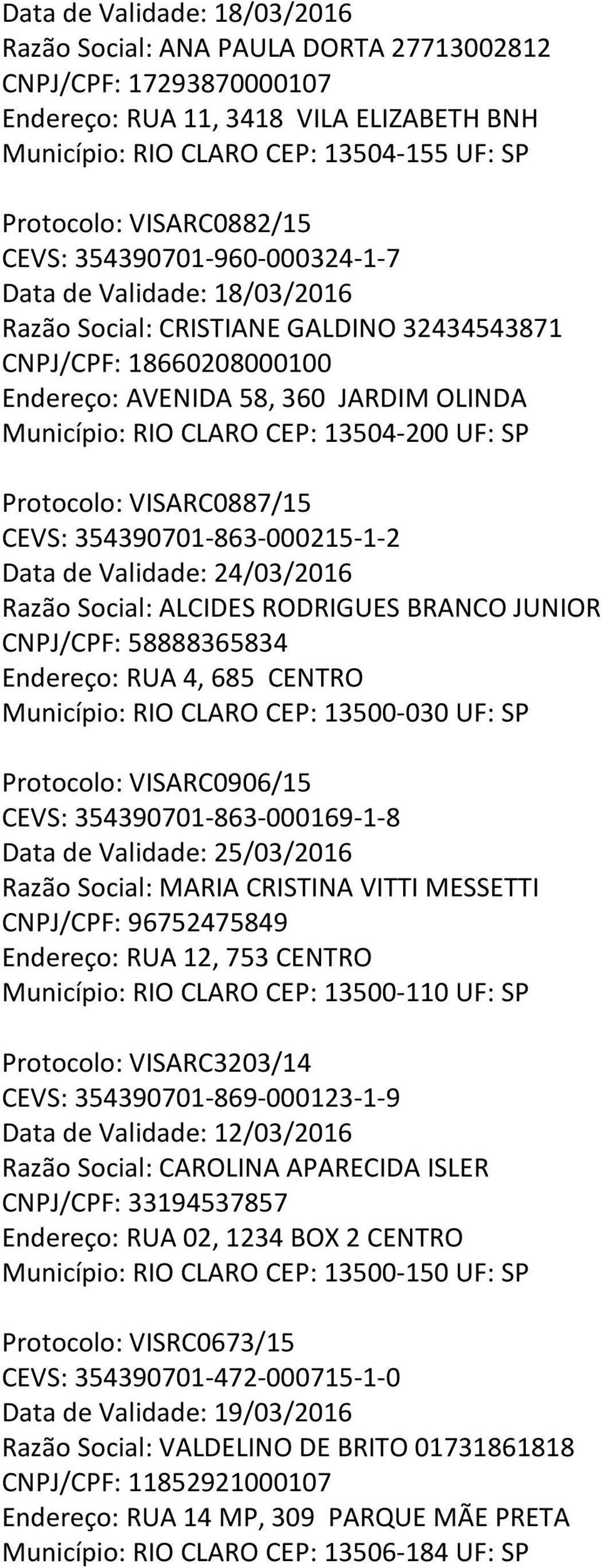 CLARO CEP: 13504-200 UF: SP Protocolo: VISARC0887/15 CEVS: 354390701-863-000215-1-2 Data de Validade: 24/03/2016 Razão Social: ALCIDES RODRIGUES BRANCO JUNIOR CNPJ/CPF: 58888365834 Endereço: RUA 4,