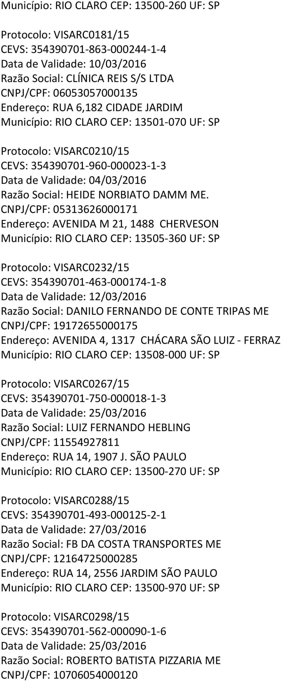 CNPJ/CPF: 05313626000171 Endereço: AVENIDA M 21, 1488 CHERVESON Município: RIO CLARO CEP: 13505-360 UF: SP Protocolo: VISARC0232/15 CEVS: 354390701-463-000174-1-8 Data de Validade: 12/03/2016 Razão