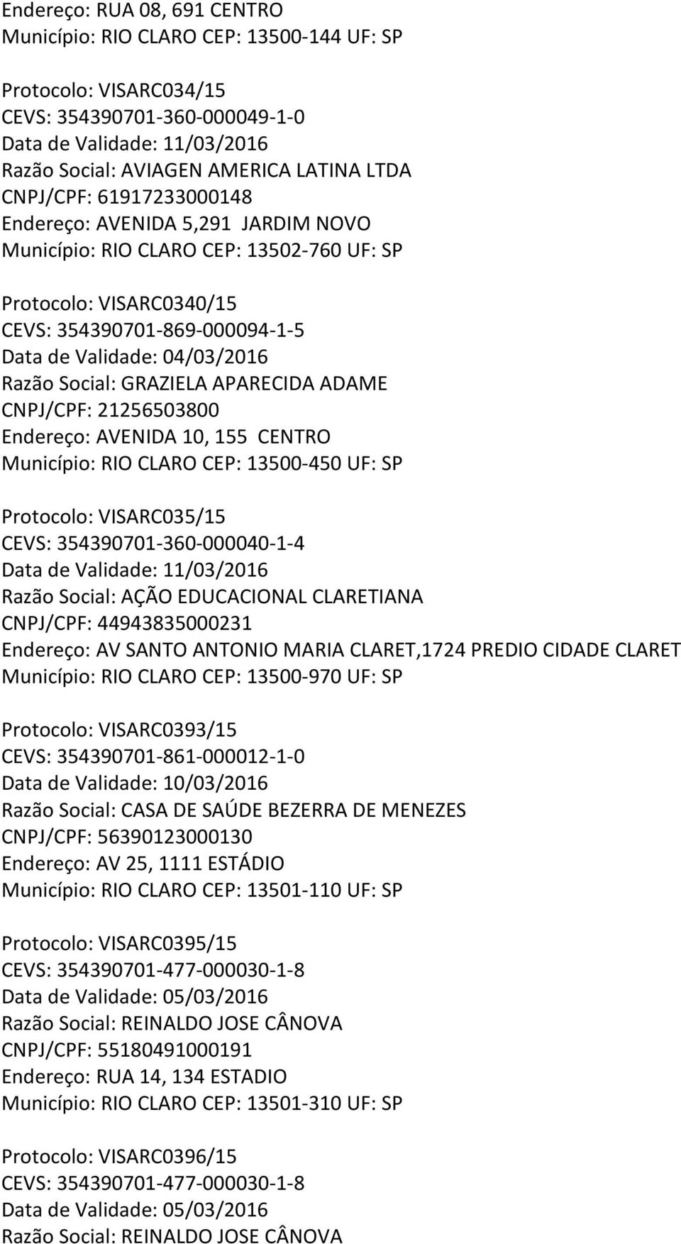 ADAME CNPJ/CPF: 21256503800 Endereço: AVENIDA 10, 155 CENTRO Município: RIO CLARO CEP: 13500-450 UF: SP Protocolo: VISARC035/15 CEVS: 354390701-360-000040-1-4 Razão Social: AÇÃO EDUCACIONAL