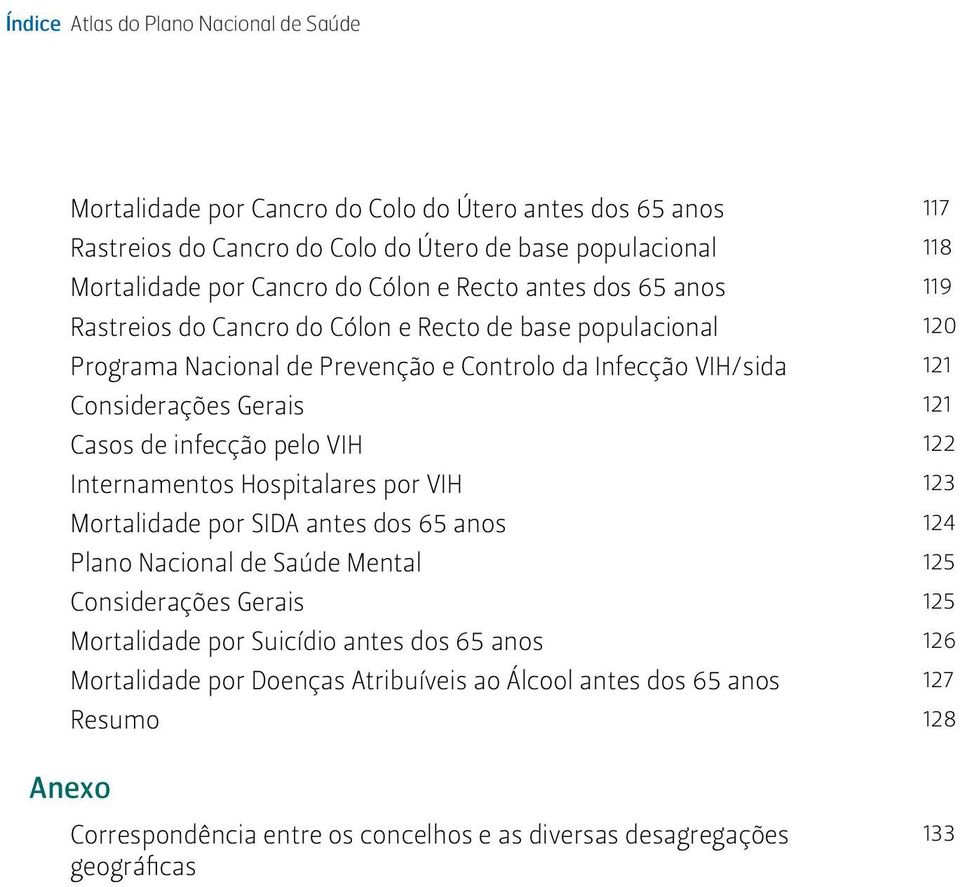 Casos de infecção pelo VIH 122 Internamentos Hospitalares por VIH 123 Mortalidade por SIDA antes dos 65 anos 124 Plano Nacional de Saúde Mental 125 Considerações Gerais 125 Mortalidade por