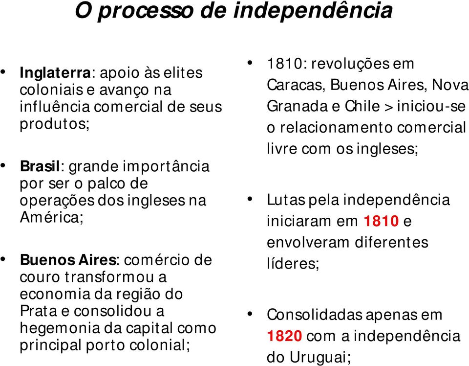da capital como principal porto colonial; 1810: revoluções em Caracas, Buenos Aires, Nova Granada e Chile > iniciou-se o relacionamento comercial