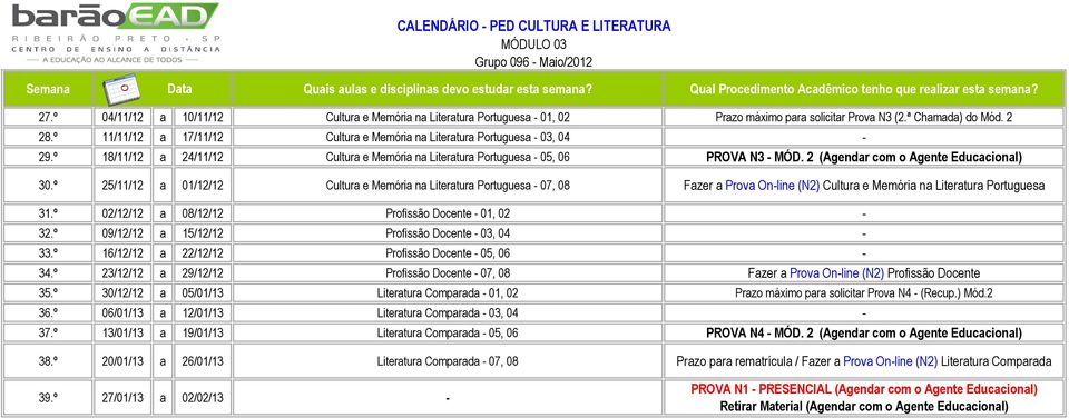 2 (Agendar com o Agente Educacional) 30.º 25/11/12 a 01/12/12 Cultura e Memória na Literatura Portuguesa - 07, 08 Fazer a Prova On-line (N2) Cultura e Memória na Literatura Portuguesa 31.