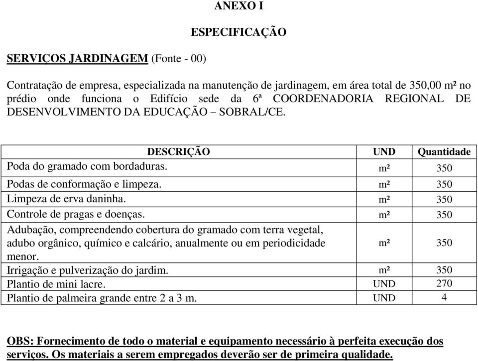 m² 350 Controle de pragas e doenças. m² 350 Adubação, compreendendo cobertura do gramado com terra vegetal, adubo orgânico, químico e calcário, anualmente ou em periodicidade m² 350 menor.