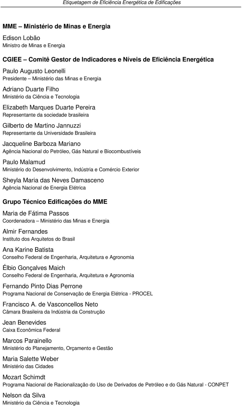 Brasileira Jacqueline Barboza Mariano Agência Nacional do Petróleo, Gás Natural e Biocombustíveis Paulo Malamud Ministério do Desenvolvimento, Indústria e Comércio Exterior Sheyla Maria das Neves