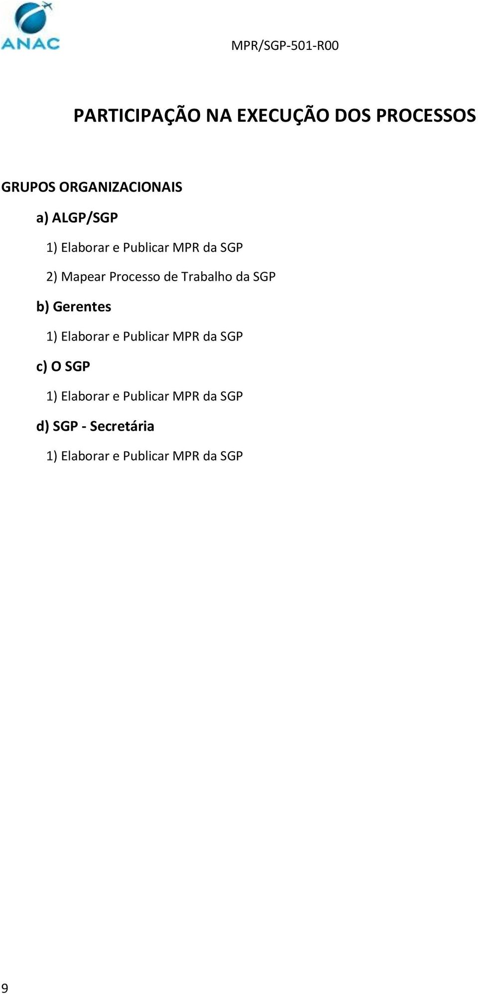 Trabalho da SGP b) Gerentes 1) Elaborar e Publicar MPR da SGP c) O SGP