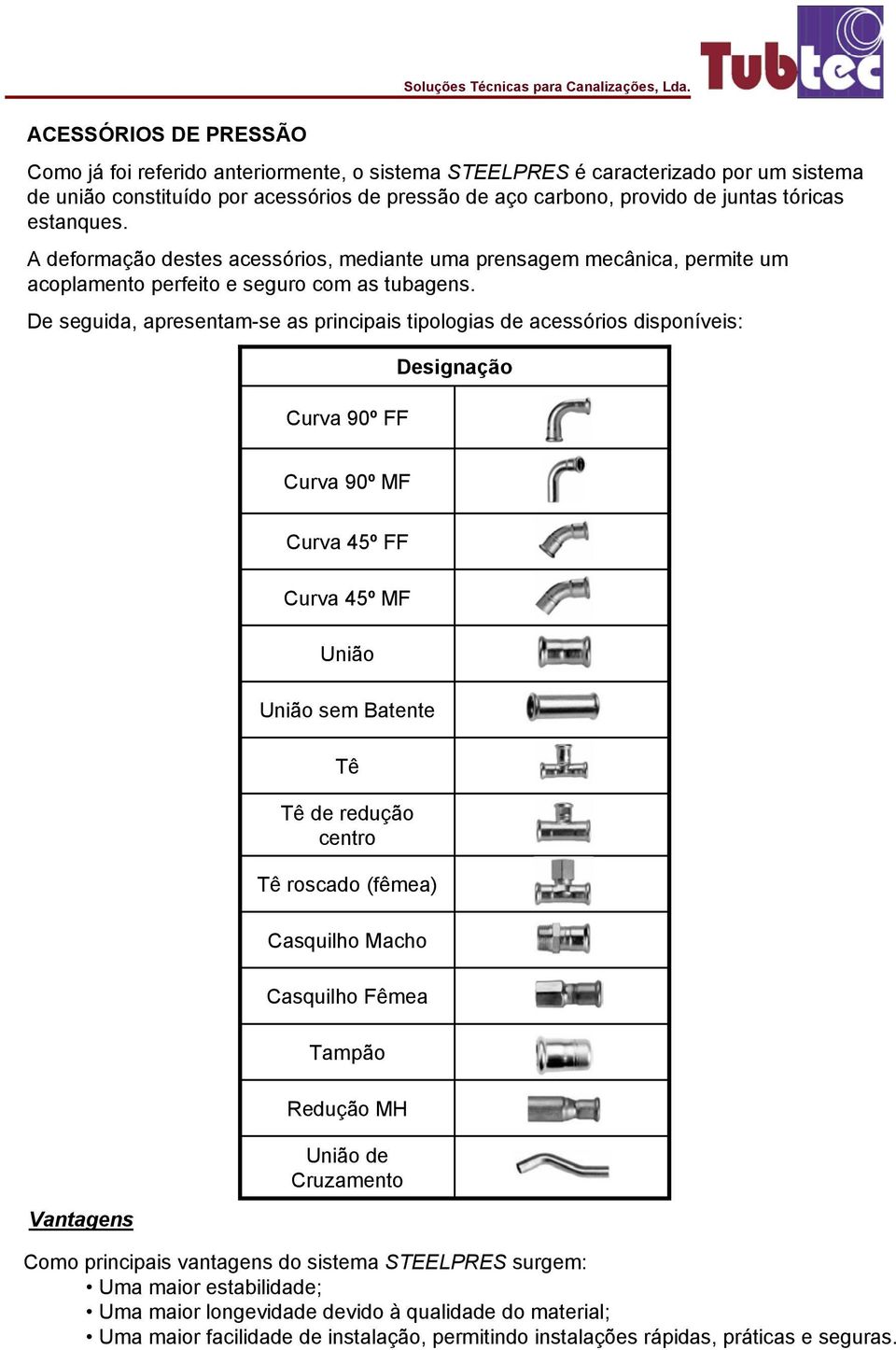 De seguida, apresentam-se as principais tipologias de acessórios disponíveis: Curva 90º FF Designação Curva 90º MF Vantagens Curva 45º FF Curva 45º MF União União sem Batente Tê Tê de redução centro