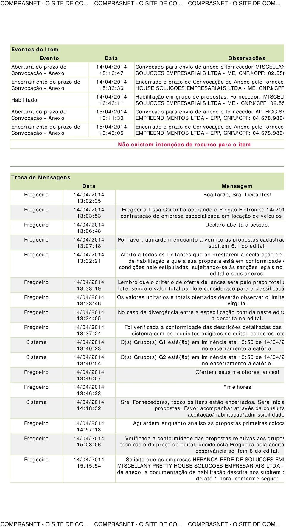 535/0001 Encerrado o prazo de Convocação de Anexo pelo fornecedor MISCELLA HOUSE SOLUCOES EMPRESARIAIS, CNPJ/CPF: 02.558.535/ Habilitação em grupo de propostas.