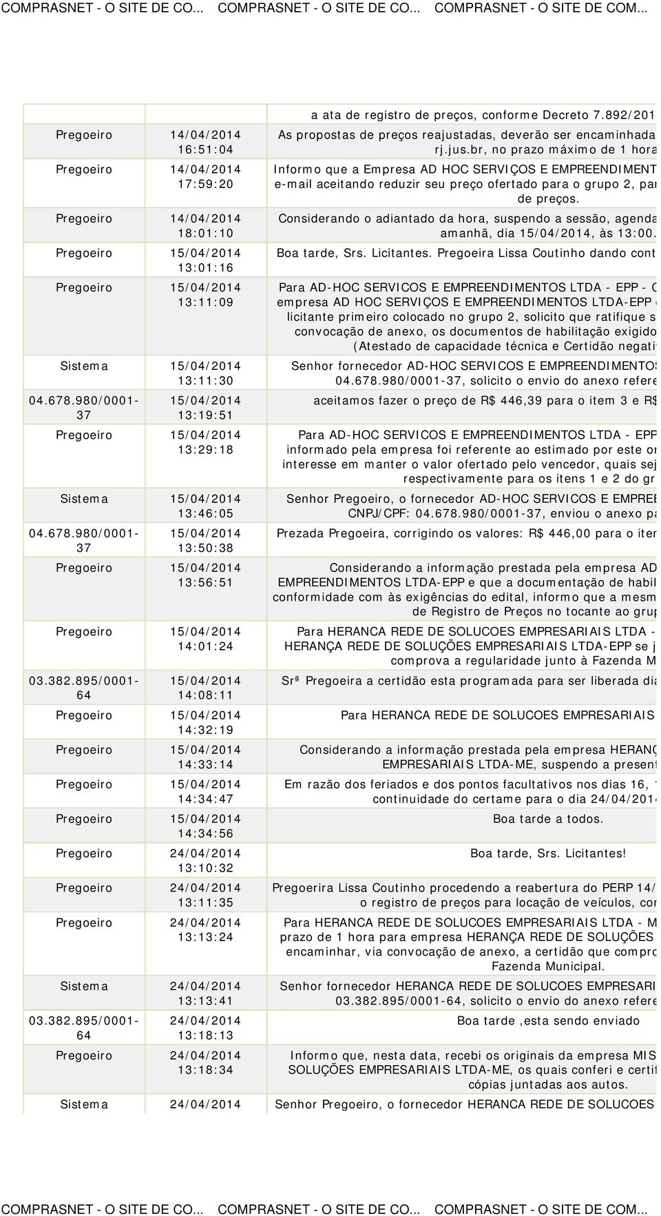 892/2013 e item 10 do As propostas de preços reajustadas, deverão ser encaminhadas para o e rj.jus.br, no prazo máximo de 1 hora.