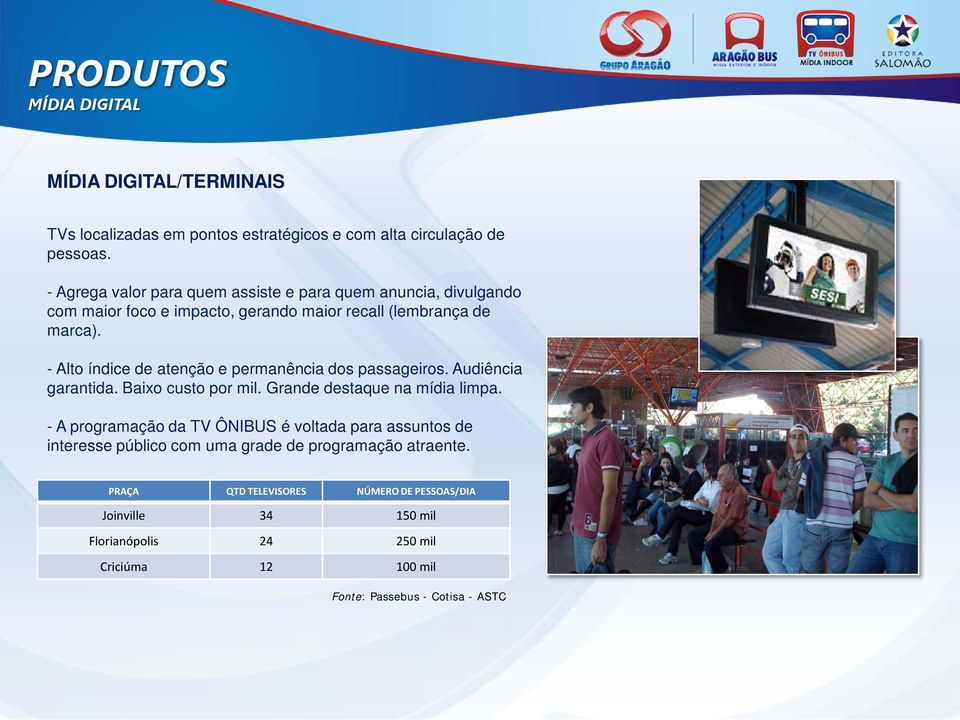 - Alto índice de atenção e permanência dos passageiros. Audiência garantida. Baixo custo por mil. Grande destaque na mídia limpa.