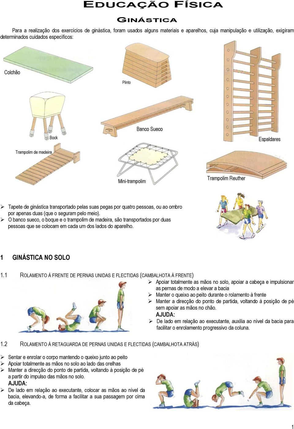 O banco sueco, o boque e o trampolim de madeira, são transportados por duas pessoas que se colocam em cada um dos lados do aparelho. 1 GINÁSTICA NO SOLO 1.