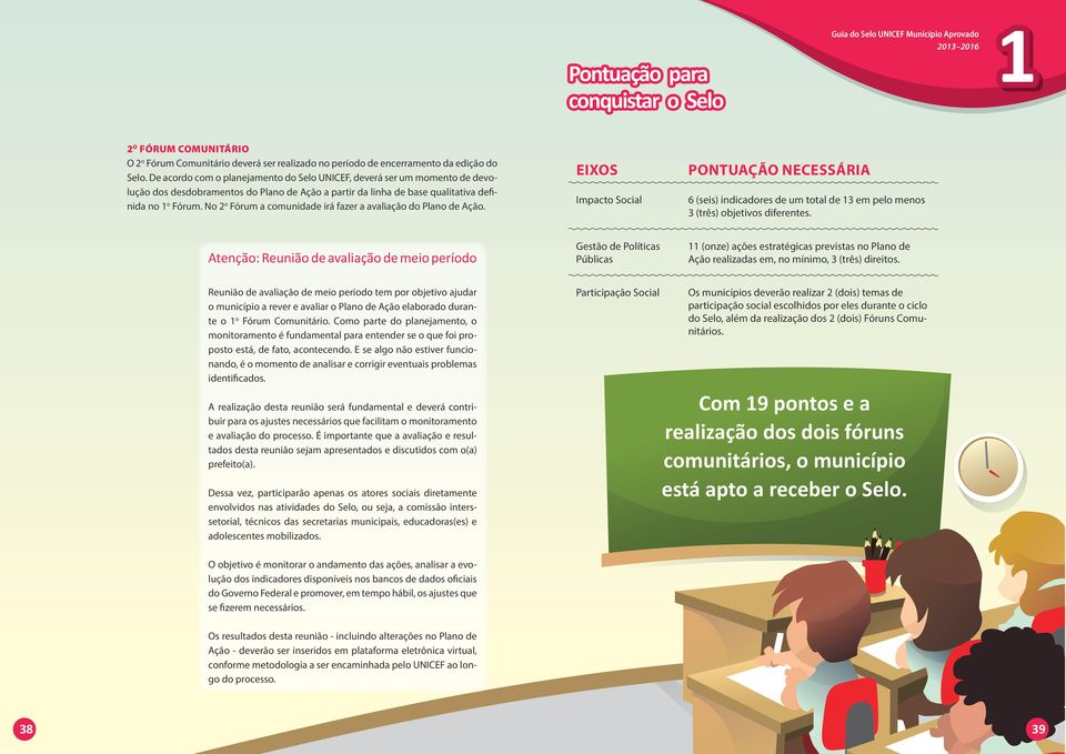 No 2 o Fórum a comunidade irá fazer a avaliação do Plano de Ação. EIXOS Impacto Social PONTUAÇÃO NECESSÁRIA 6 (seis) indicadores de um total de 3 em pelo menos 3 (três) objetivos diferentes.