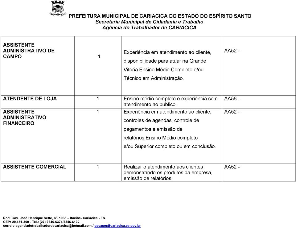 ASSISTENTE ADMINISTRATIVO FINANCEIRO 1 Experiência em atendimento ao cliente, controles de agendas, controle de pagamentos e emissão de AA52 -