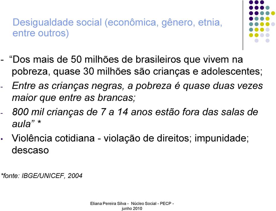 pobreza é quase duas vezes maior que entre as brancas; - 800 mil crianças de 7 a 14 anos estão fora