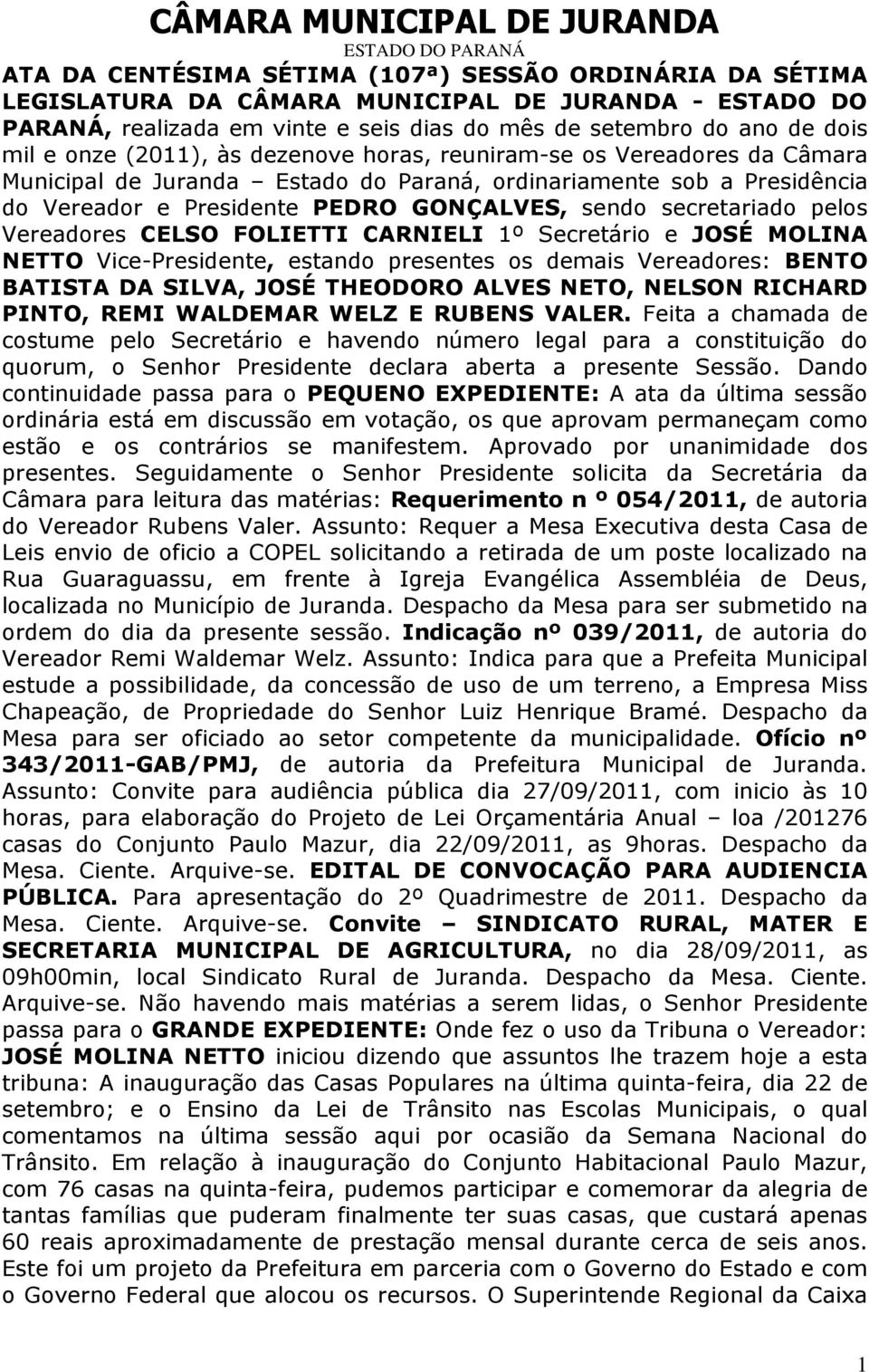 pelos Vereadores CELSO FOLIETTI CARNIELI 1º Secretário e JOSÉ MOLINA NETTO Vice-Presidente, estando presentes os demais Vereadores: BENTO BATISTA DA SILVA, JOSÉ THEODORO ALVES NETO, NELSON RICHARD