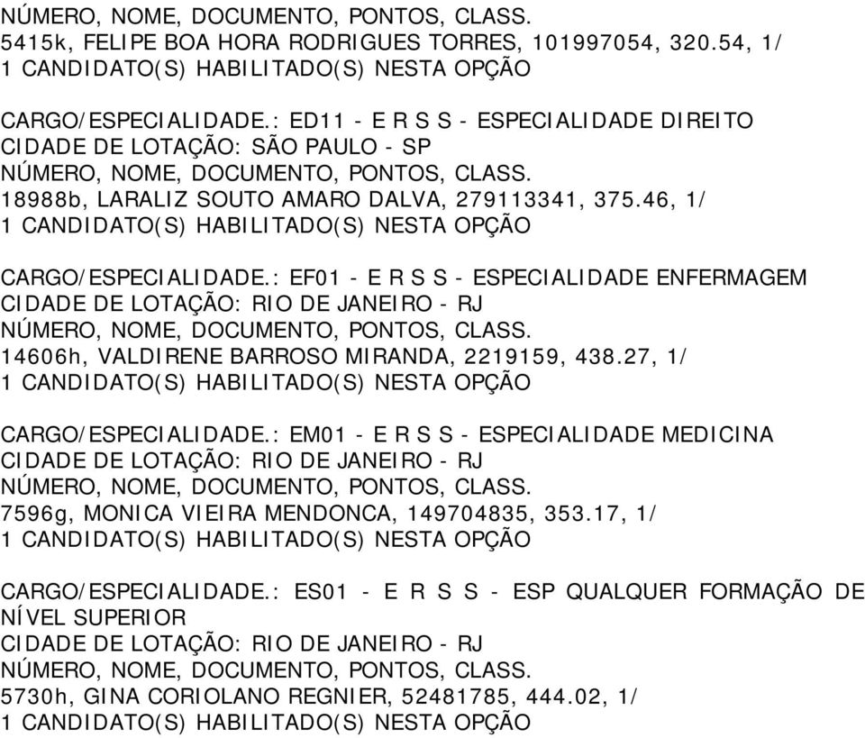 : EF01 - E R S S - ESPECIALIDADE ENFERMAGEM 14606h, VALDIRENE BARROSO MIRANDA, 2219159, 438.27, 1/ CARGO/ESPECIALIDADE.