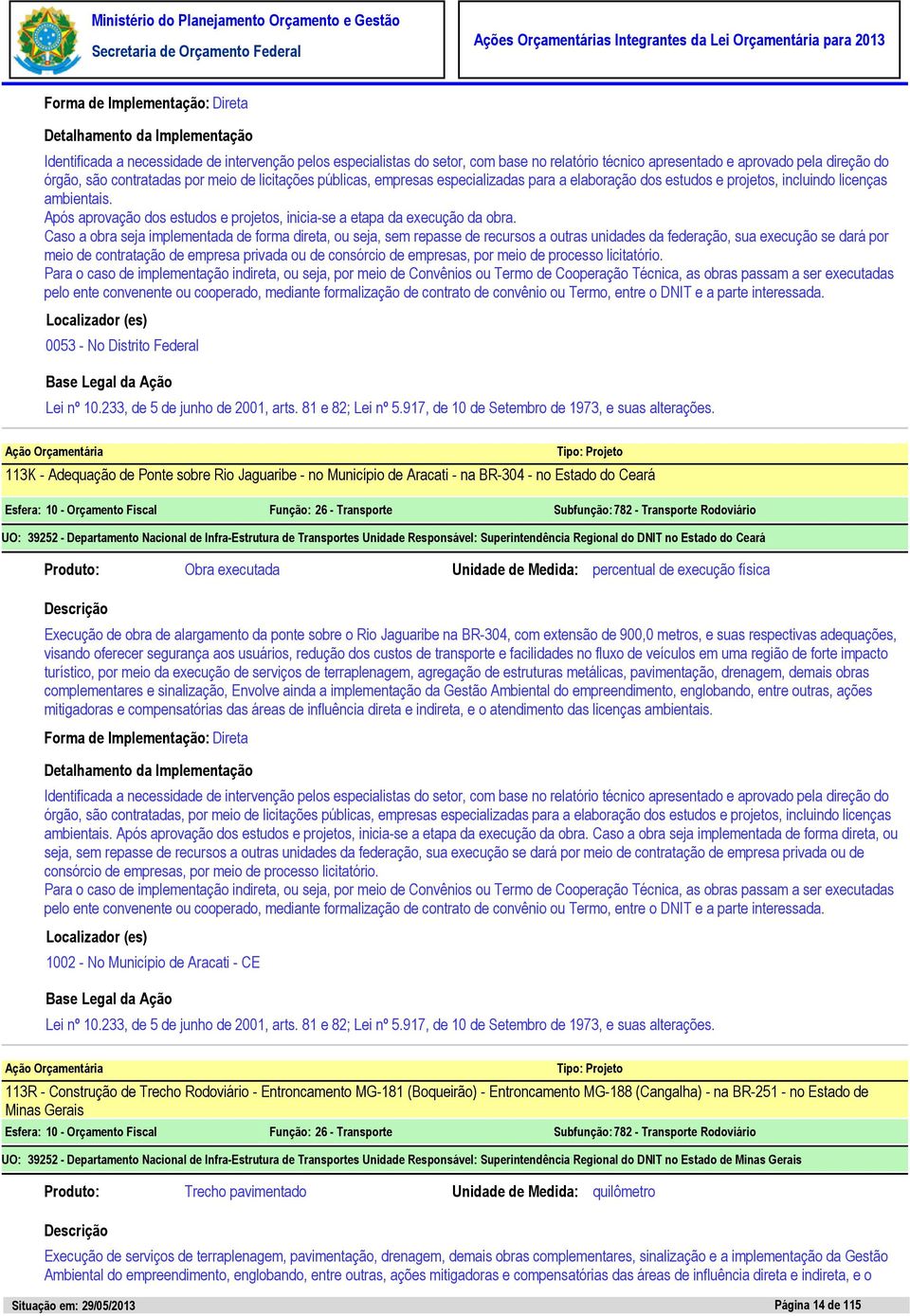 113K - Adequação de Ponte sobre Rio Jaguaribe - no Município de Aracati - na BR-304 - no Estado do Ceará UO: 39252 - Departamento Nacional de Infra-Estrutura de Transportes Unidade Responsável: