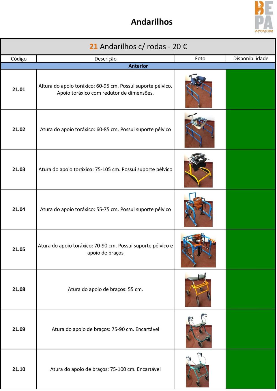 03 Atura do apoio toráxico: 75-105 cm. Possui suporte pélvico 21.04 Atura do apoio toráxico: 55-75 cm. Possui suporte pélvico 21.05 Atura do apoio toráxico: 70-90 cm.