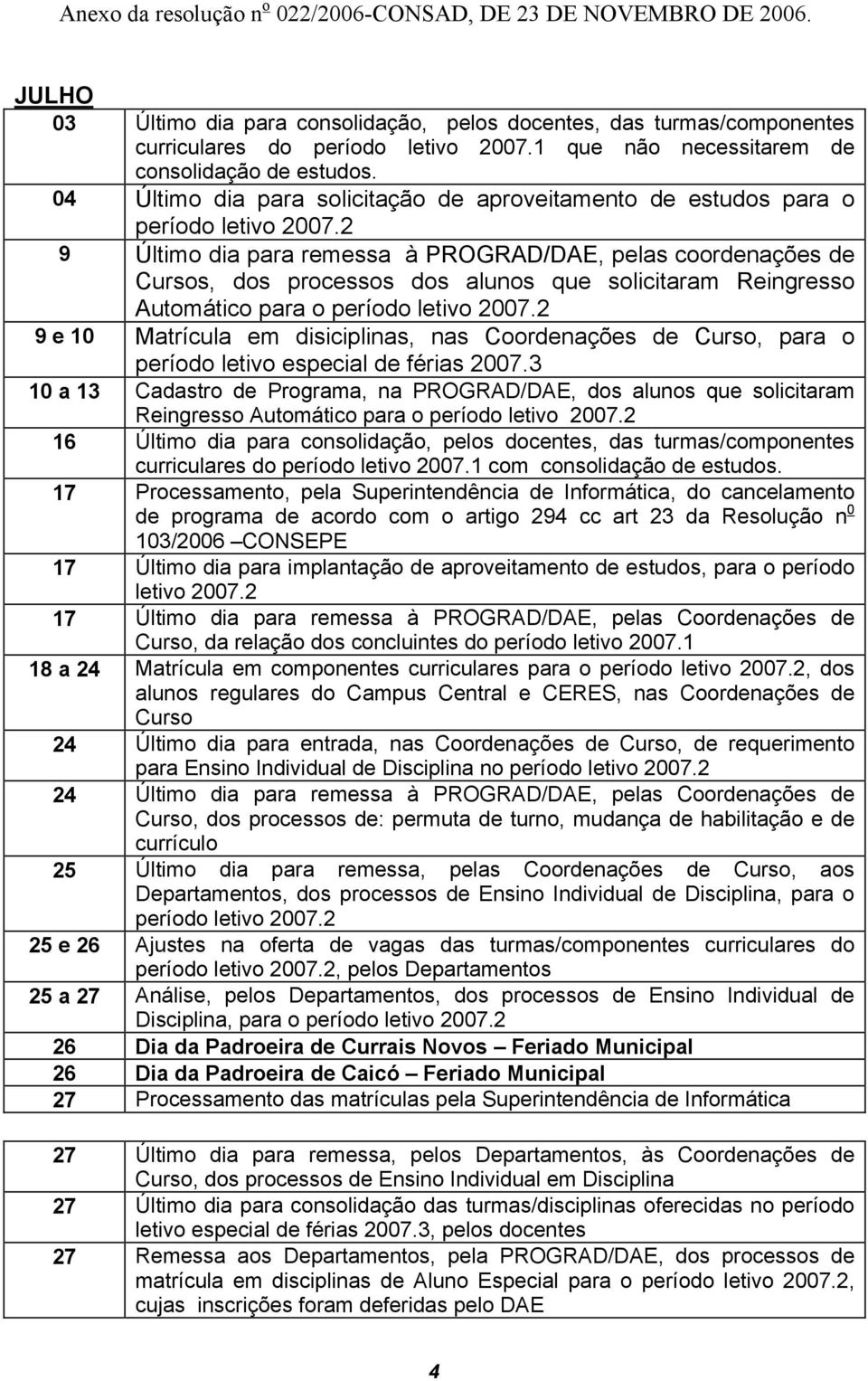 2 9 Último dia para remessa à PROGRAD/DAE, pelas coordenações de Cursos, dos processos dos alunos que solicitaram Reingresso Automático para o período letivo 2007.