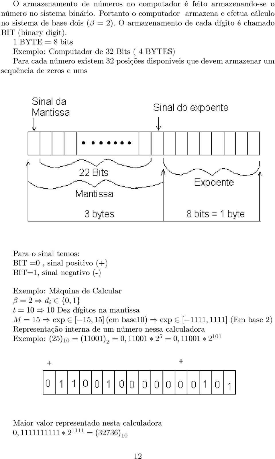 1BYTE=8bits Exemplo: Computador de 32 Bits ( 4 BYTES) Para cada número existem 32 posições disponiveis que devem armazenar um sequência de zeros e ums Para o sinal temos: BIT =0, sinal positivo