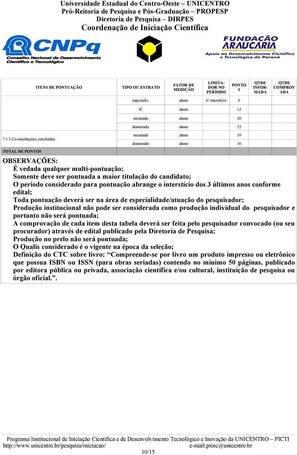 titulação do candidato; O período considerado para pontuação abrange o interstício dos 3 últimos anos conforme edital; Toda pontuação deverá ser na área de especialidade/atuação do pesquisador;