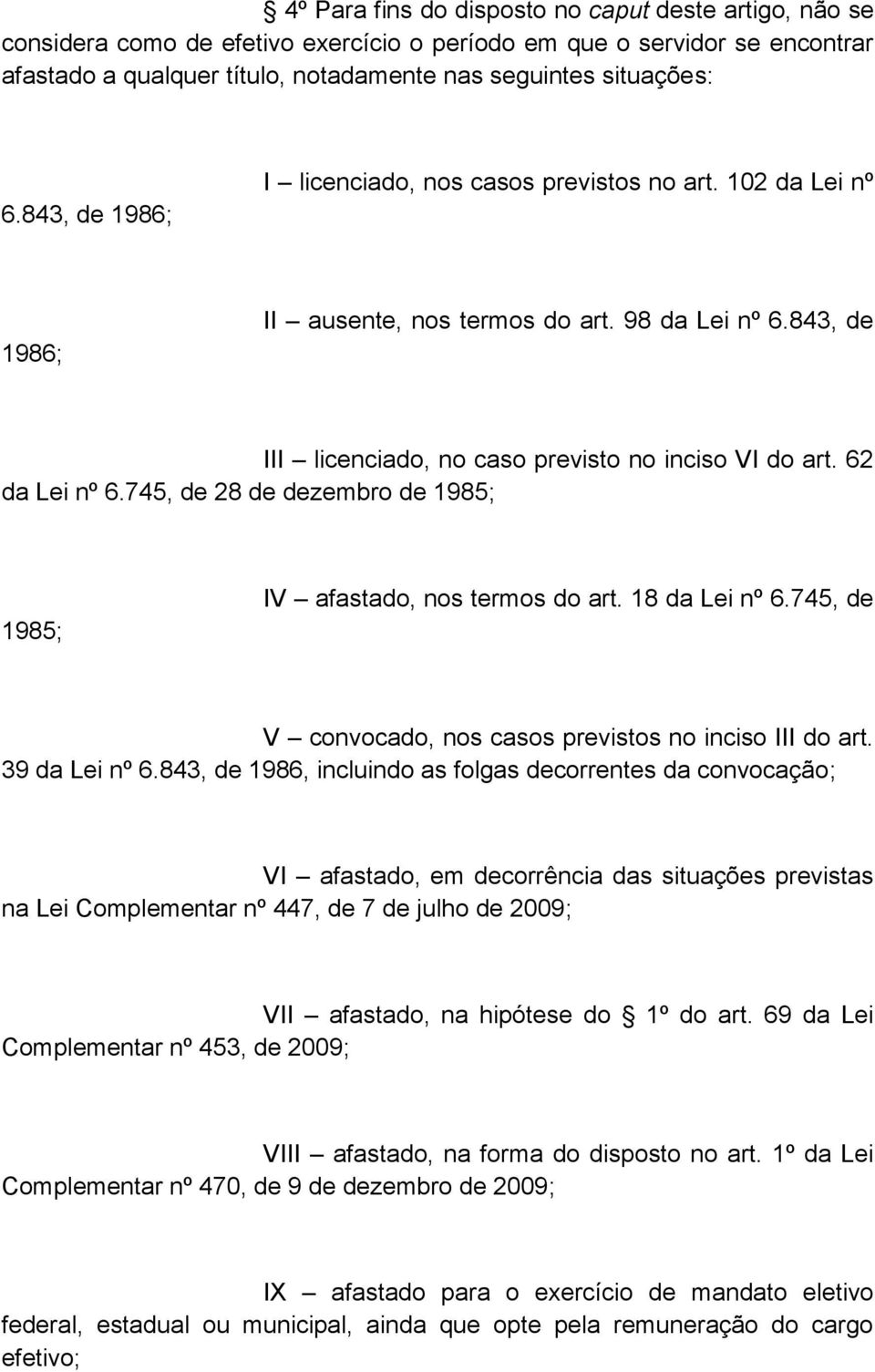 745, de 28 de dezembro de 1985; 1985; IV afastado, nos termos do art. 18 da Lei nº 6.745, de V convocado, nos casos previstos no inciso III do art. 39 da Lei nº 6.