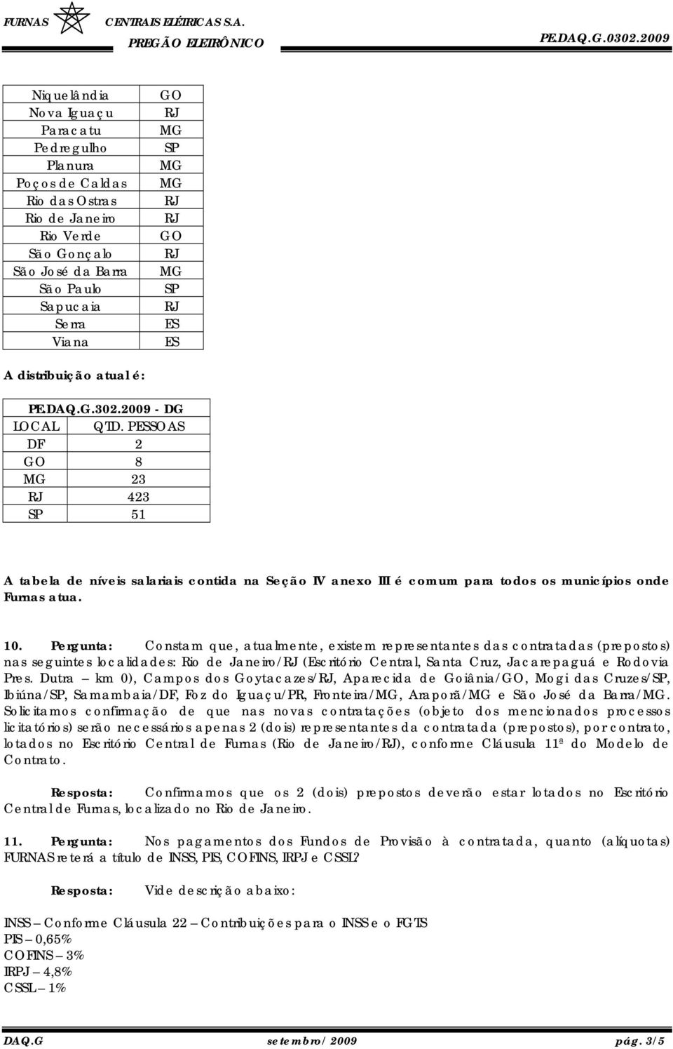 Pergunta: Constam que, atualmente, existem representantes das contratadas (prepostos) nas seguintes localidades: Rio de Janeiro/ (Escritório Central, Santa Cruz, Jacarepaguá e Rodovia Pres.