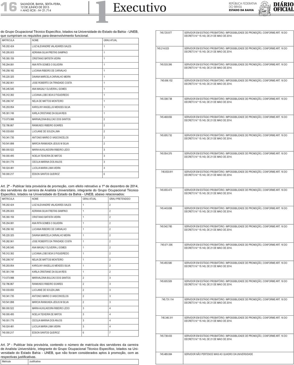 143, DE 21 DE MAIO DE 745.214.023 SERVIDOR EM ESTÁGIO PROBATÓRIO. IMPOSSIBILIDADE DE PROMOÇÃO, CONFORME ART. 16 DO DECRETO N.º 15.143, DE 21 DE MAIO DE 745.300.159 CRISTIANO BATISTA VIEIRA 1 745.294.