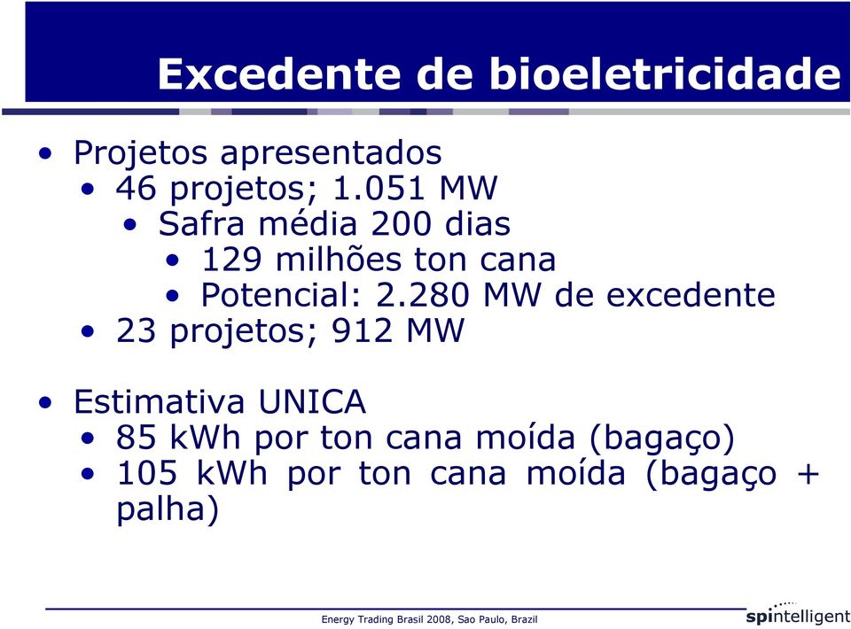 280 MW de excedente 23 projetos; 912 MW Estimativa UNICA 85 kwh