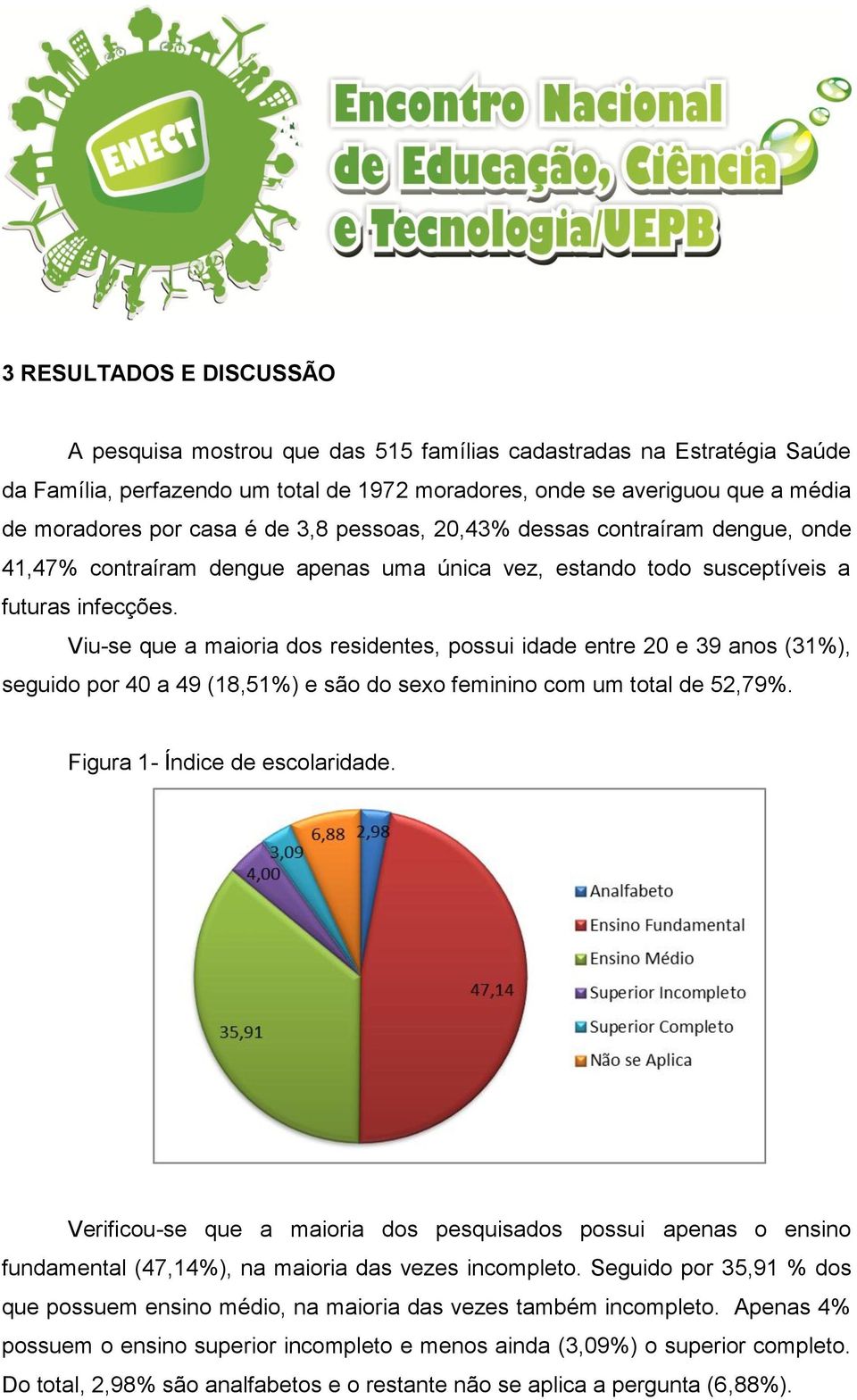 Viu-se que a maioria dos residentes, possui idade entre 20 e 39 anos (31%), seguido por 40 a 49 (18,51%) e são do sexo feminino com um total de 52,79%. Figura 1- Índice de escolaridade.