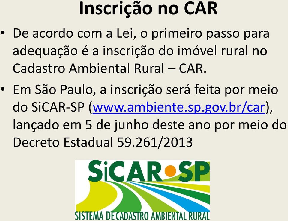 Em São Paulo, a inscrição será feita por meio do SiCAR-SP (www.ambiente.