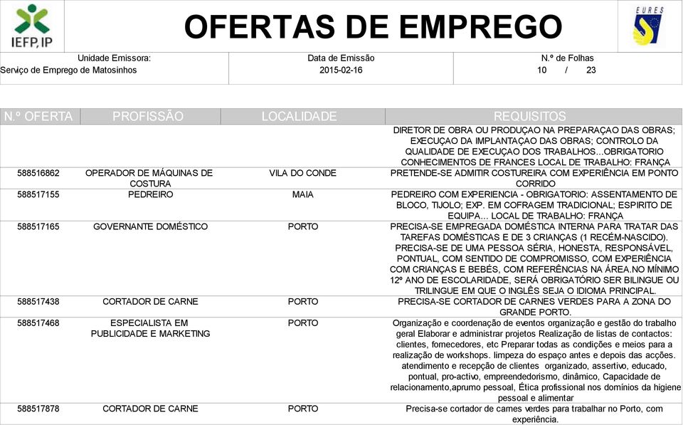 ..OBRIGATORIO CONHECIMENTOS DE FRANCES LOCAL DE TRABALHO: FRANÇA PRETENDE-SE ADMITIR COSTUREIRA COM EXPERIÊNCIA EM PONTO CORRIDO PEDREIRO COM EXPERIENCIA - OBRIGATORIO: ASSENTAMENTO DE BLOCO, TIJOLO;