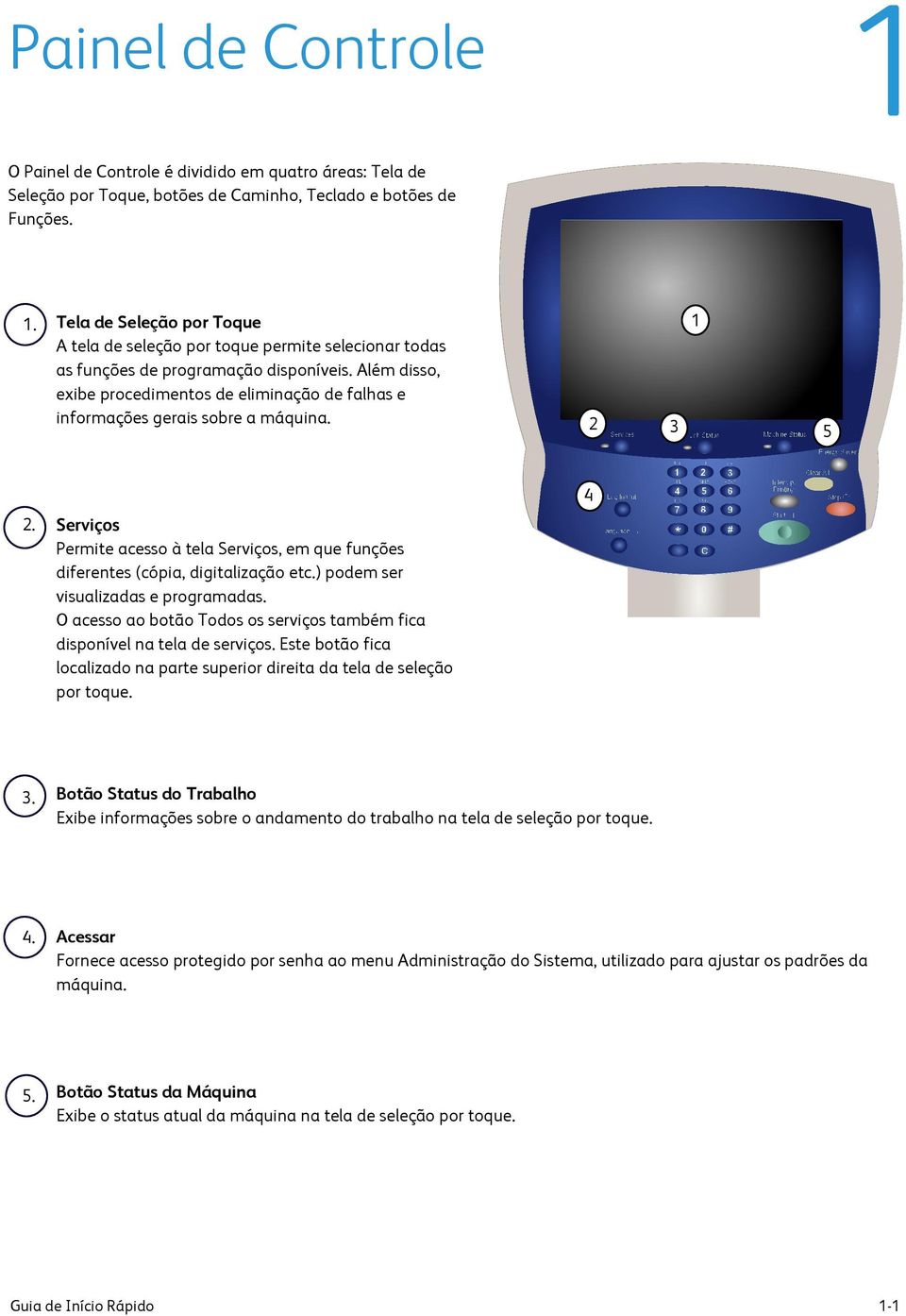 Além disso, exibe procedimentos de eliminação de falhas e informações gerais sobre a máquina. 1 2 3 5 2. Serviços Permite acesso à tela Serviços, em que funções diferentes (cópia, digitalização etc.