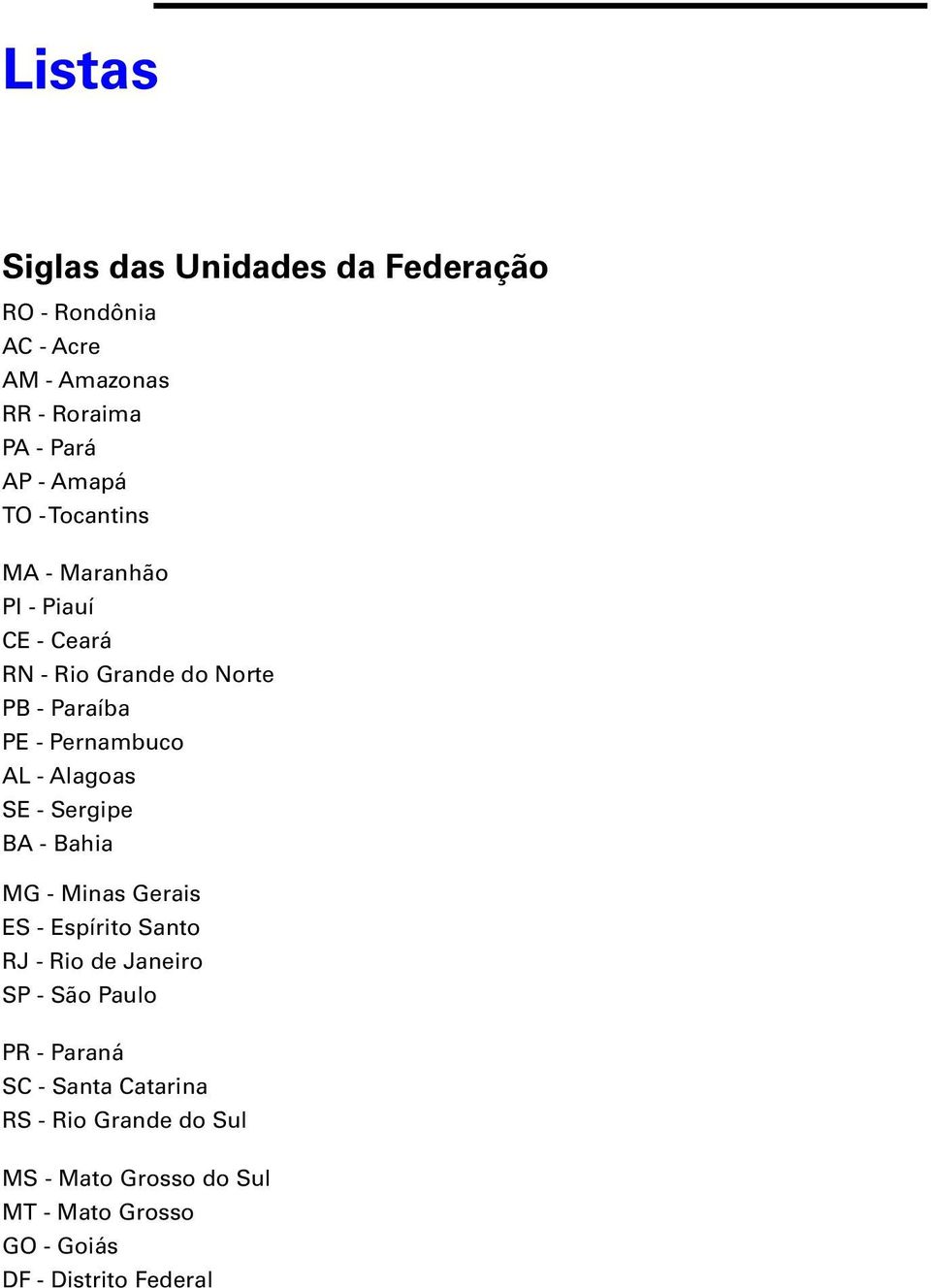 Alagoas SE - Sergipe BA - Bahia MG - Minas Gerais ES - Espírito Santo RJ - Rio de Janeiro SP - São Paulo PR -