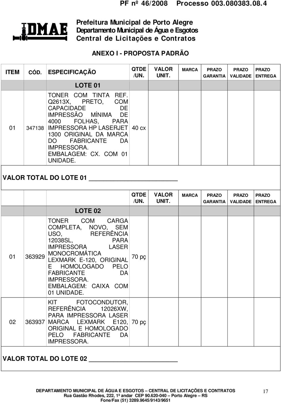 40 cx VALOR TOTAL DO LOTE 01 QTDE /UN. VALOR UNIT.